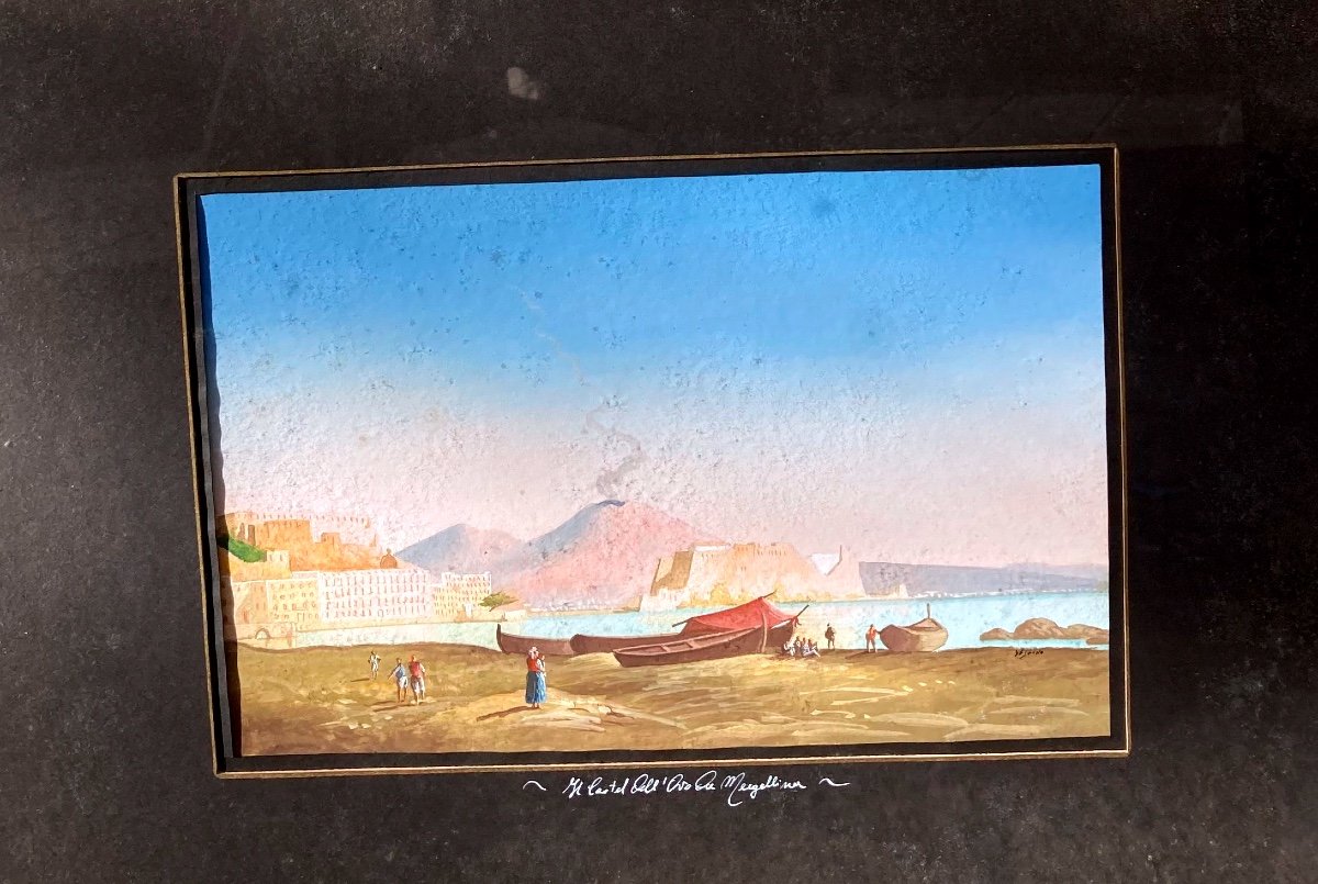 Neapolitan Gouache 19th Century With View Of The Egg Castle And Vesuvius.